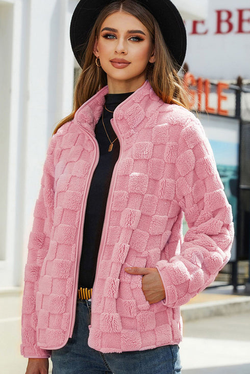 Solid Checkered Side Pockets Zipper Fleece Jacket